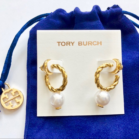 Tory Burch Rope Pearl Gold Earrings New w/ Pouch - Picture 2 of 7